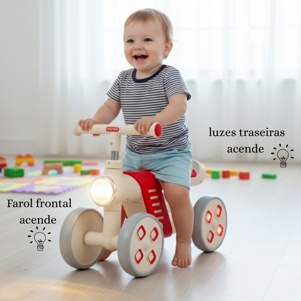 🚲 Mini Bicicleta Equilíbrio Infantil 4 Rodas com Luz – Farol Acende | +10 Meses (Vermelha/Azul