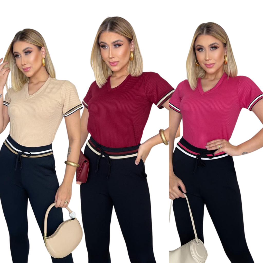 Kit Blusa Feminina Malha Canelada Gola V Manga Curta com Elastano casual dia dia em Oferta na Shopee