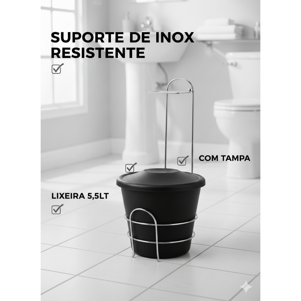 Lixeira para Banheiro com Porta Papel Higiênico - Inox