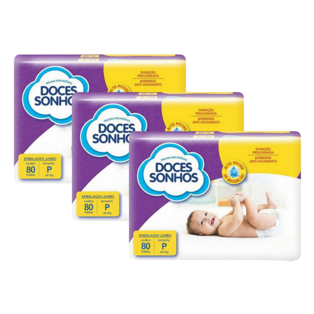 Kit com 3 Pacotes Fralda Descartável Infantil Doces Sonhos Supersec Fita Diurna