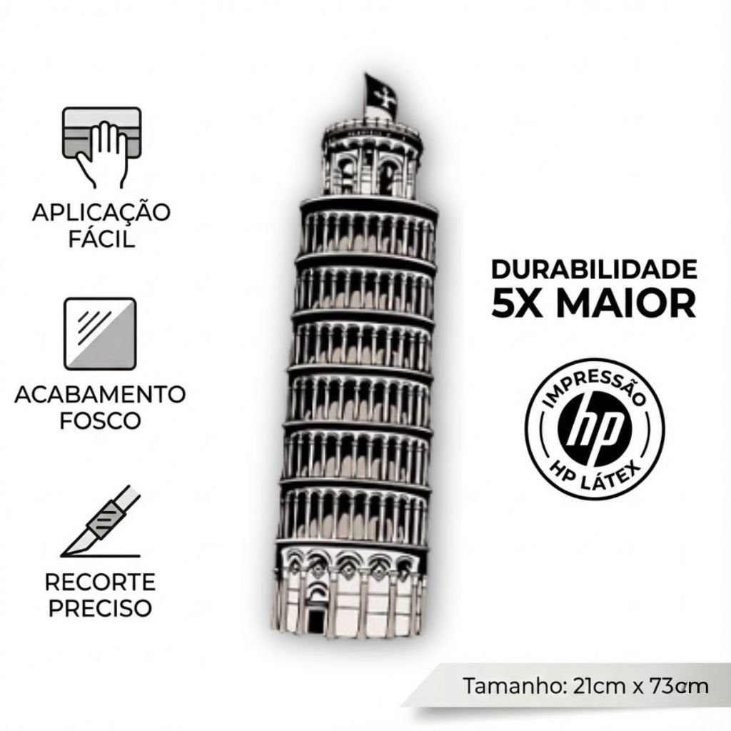 Adesivo Decorativo Torre de Pisa 21x73cm - Estilo Sketch Moderno  Vinil Premium Lavável Parede Quarto Sala Decoração