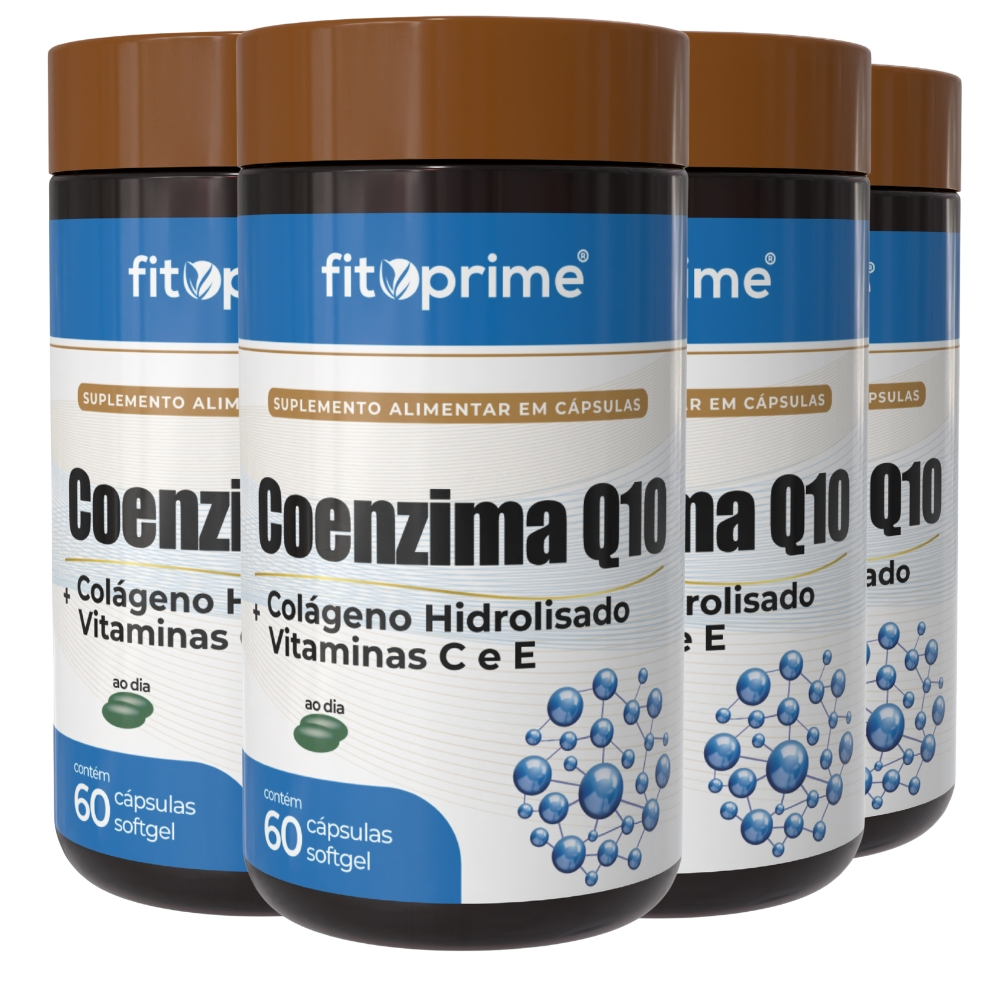 Kit 4 Coenzima Q10 Fitoprime com Colágeno Hidrolisado e Vitaminas E e C 60 Cápsulas