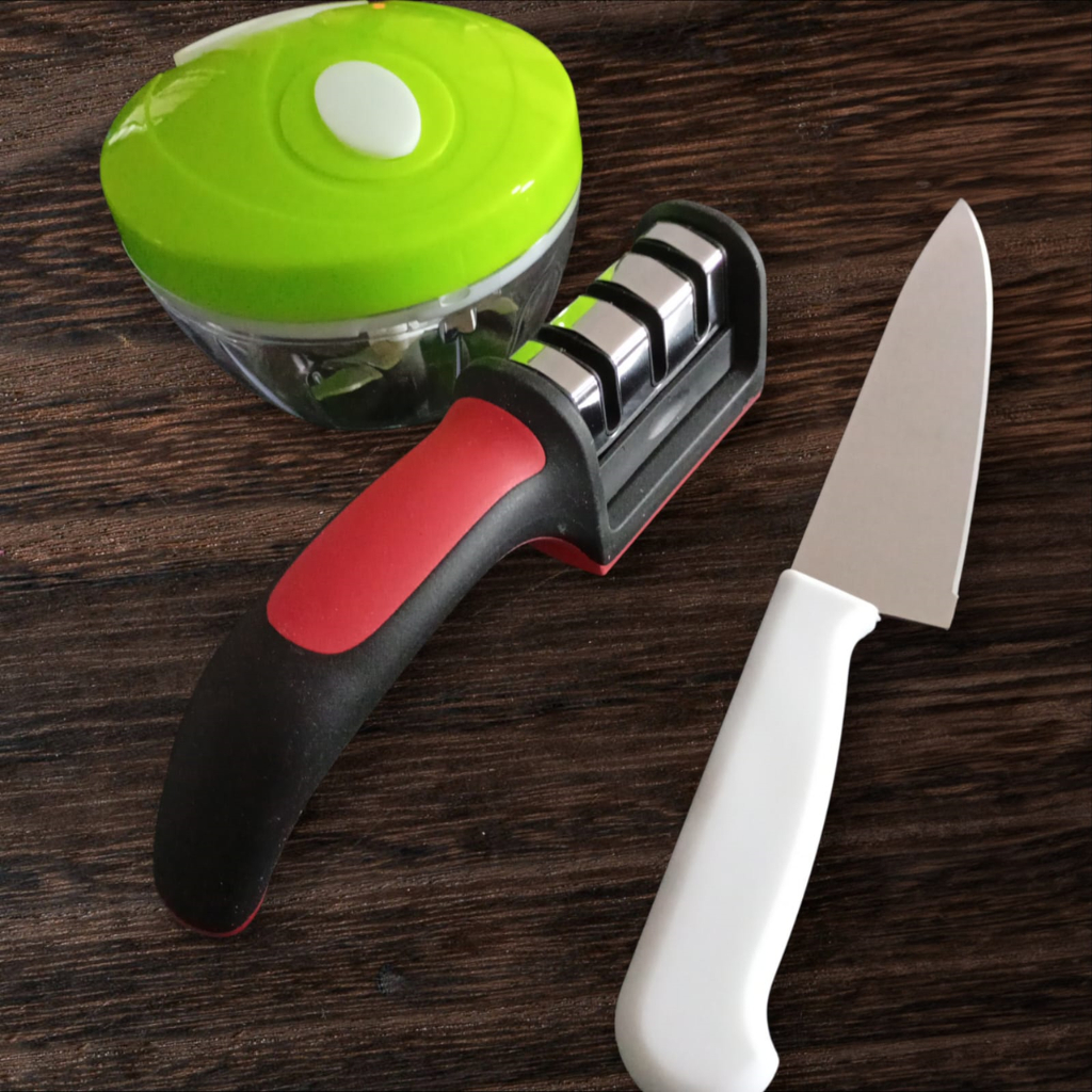 kit para cozinha 3 peças faca, processador manual e afiador de faca