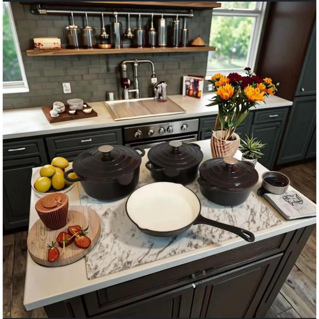 Conjunto Jogo De Panela 4 Peças Ferro Fundido Esmaltado Indução Gás Elétrico Halo Conjunto Caçarola Frigideira - PRETO