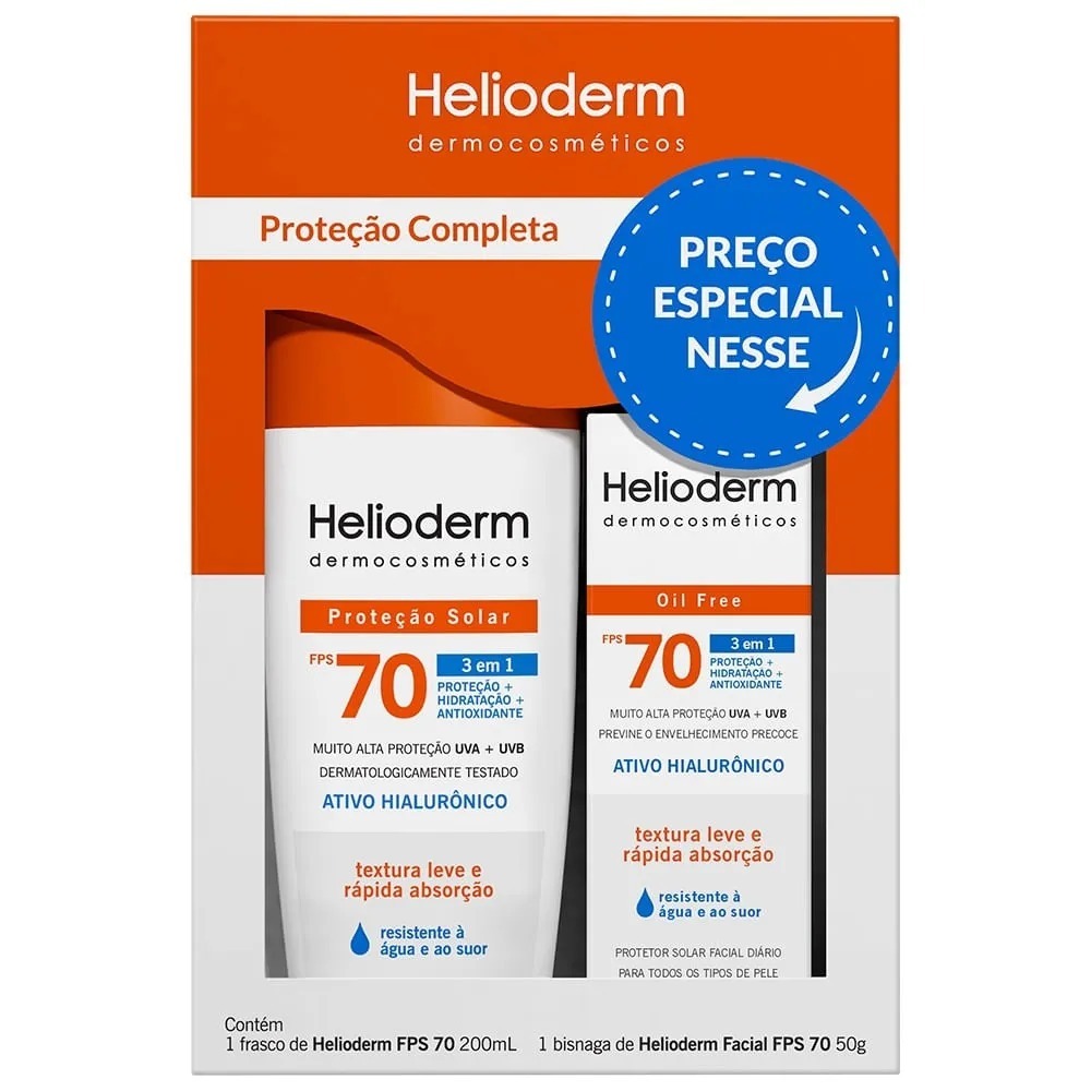 KIT Helioderm FPS 70 – Protetor Solar Corporal 200ml + Facial Oil Free 50g | 3 em 1