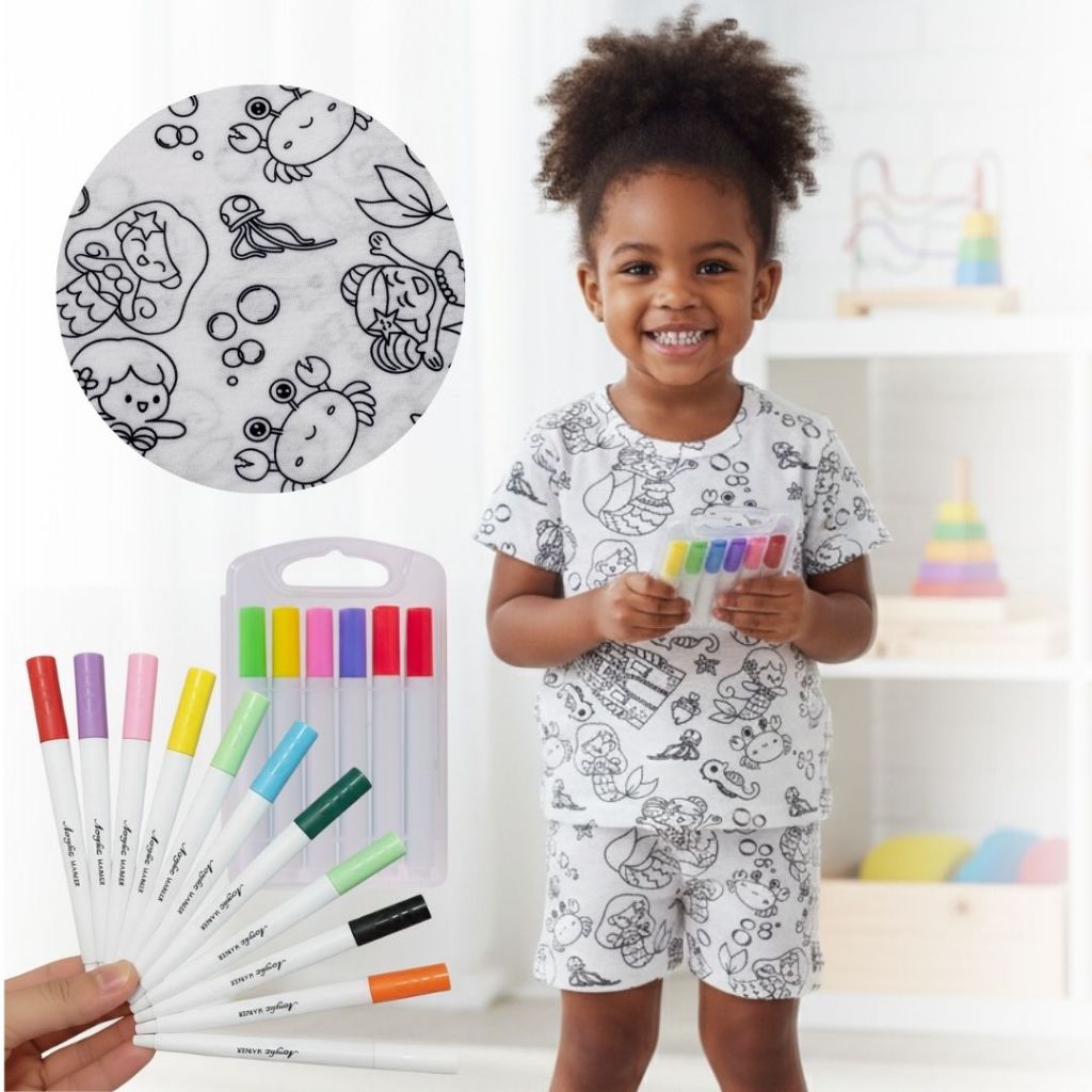Pijama Manga Curta Infantil Para Colorir Com 12 Canetinhas Lavável E Divertido Estampado Personagens