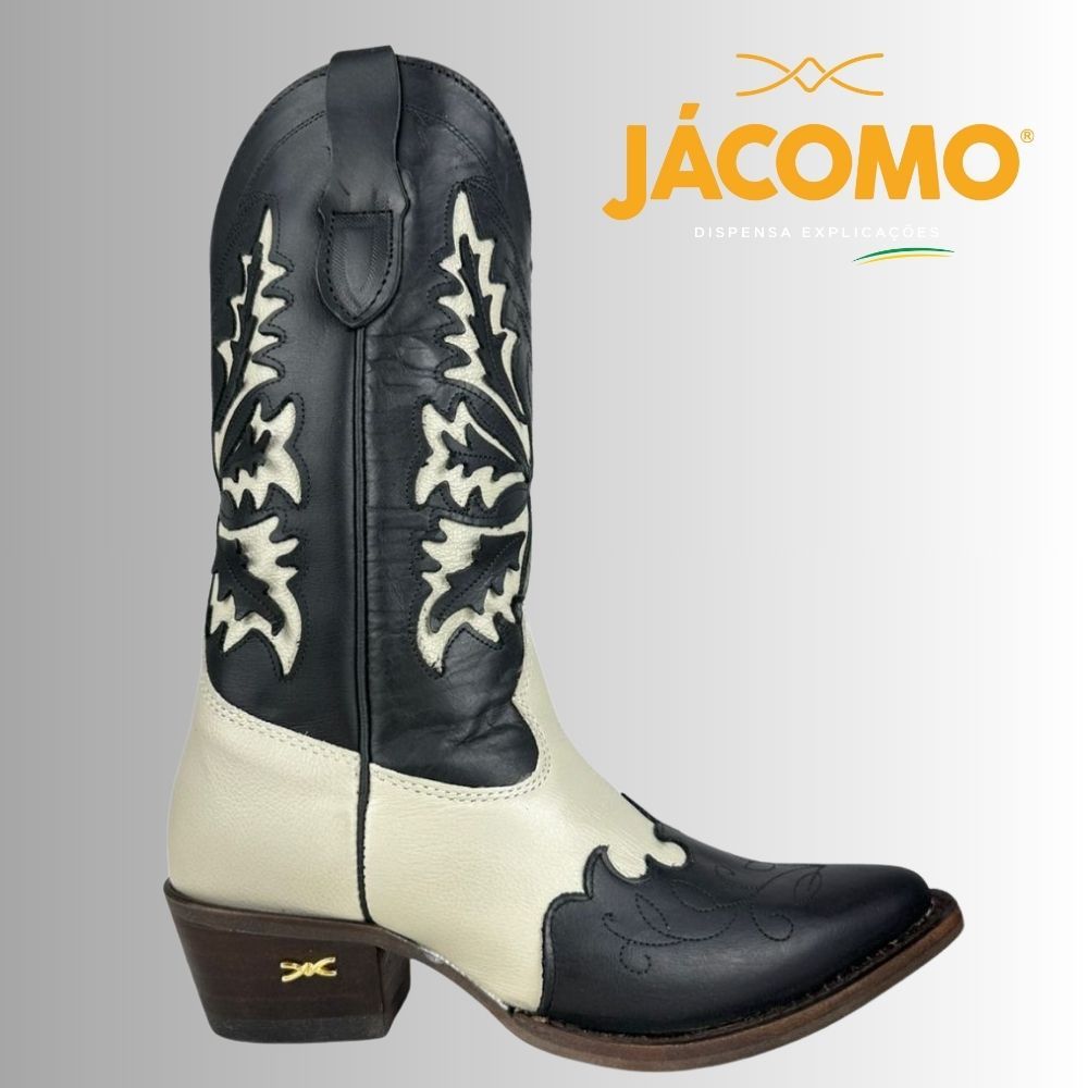 Bota Feminina Jácomo Texana Bico Fino Preto Cano Médio Solado De Couro Para Dança Rodeio