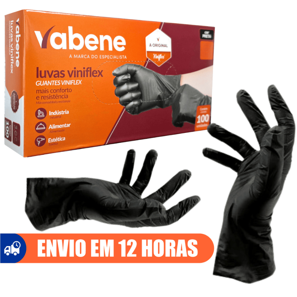 Luva Descartável Preta Sem Pó TPE Vinil Viniflex 100un Vabene em Oferta na Shopee