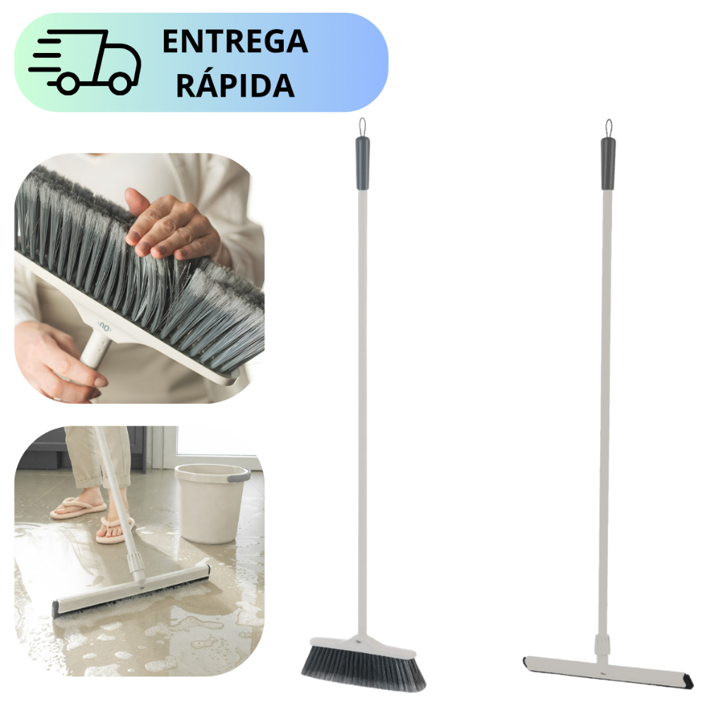 Kit Limpeza com Cabo Inox Rodo EVA Minimalista e Vassoura Plana Lavanderia Com Suporte Para Gancho Emborrachado Flow OU