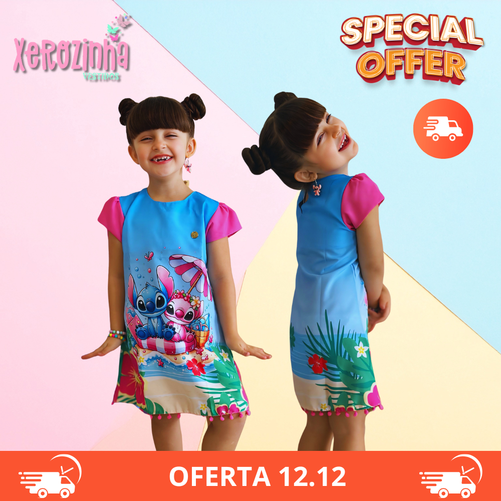 Vestido Infantil Menina Passeio Festa Verão Luxo Festa stitch