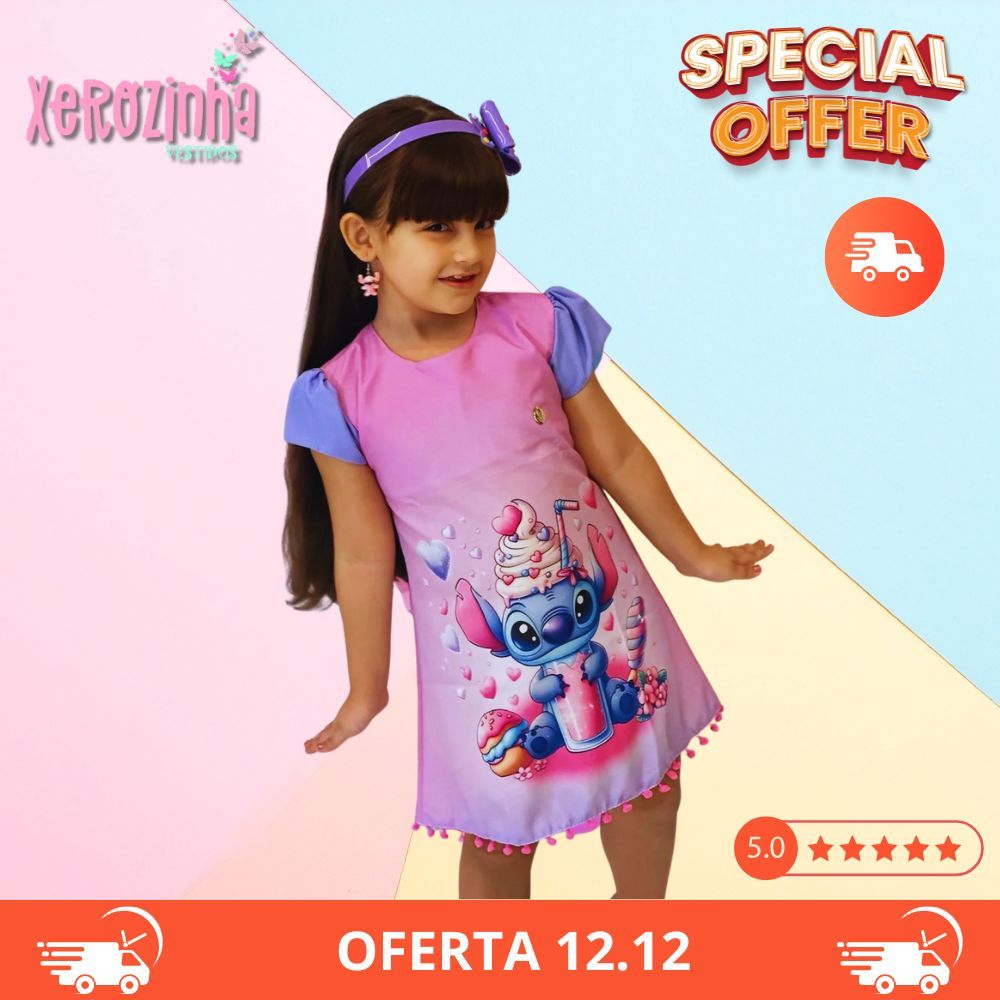 Vestido Stitch/Personagem infantil/Menina Festa/Roupa Infantil Estampada/Final-De-Ano