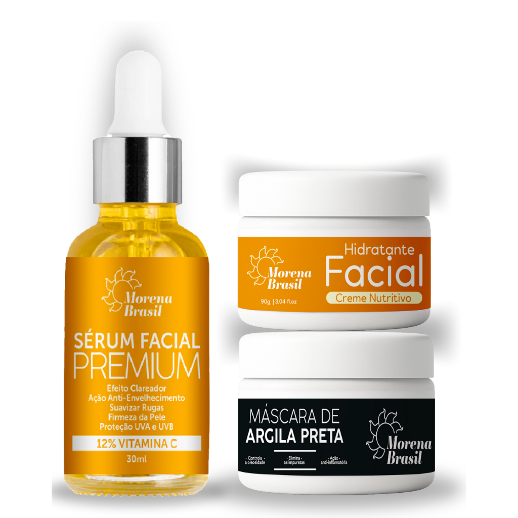 💛 Kit 3 em 1 🖤 – Sérum Vitamina C, Creme Nutritivo e Máscara de Argila Preta ☀️