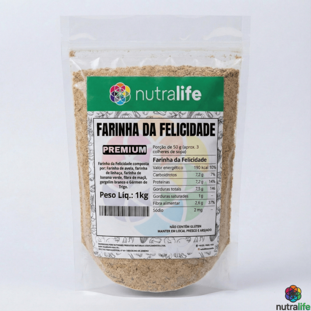 Farinha da Felicidade Dopamina Farinha de Banana Verde Fibra de Maçã Gergelim Branco Farinha de Aveia e Germén de Trigo