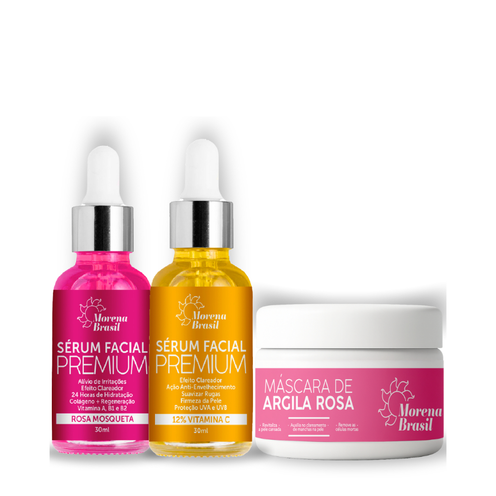 Kit Skin Care Completo - Sérum Facial Rosa Mosqueta +  Máscara Argila Rosa + Sérum Vitamina C-10