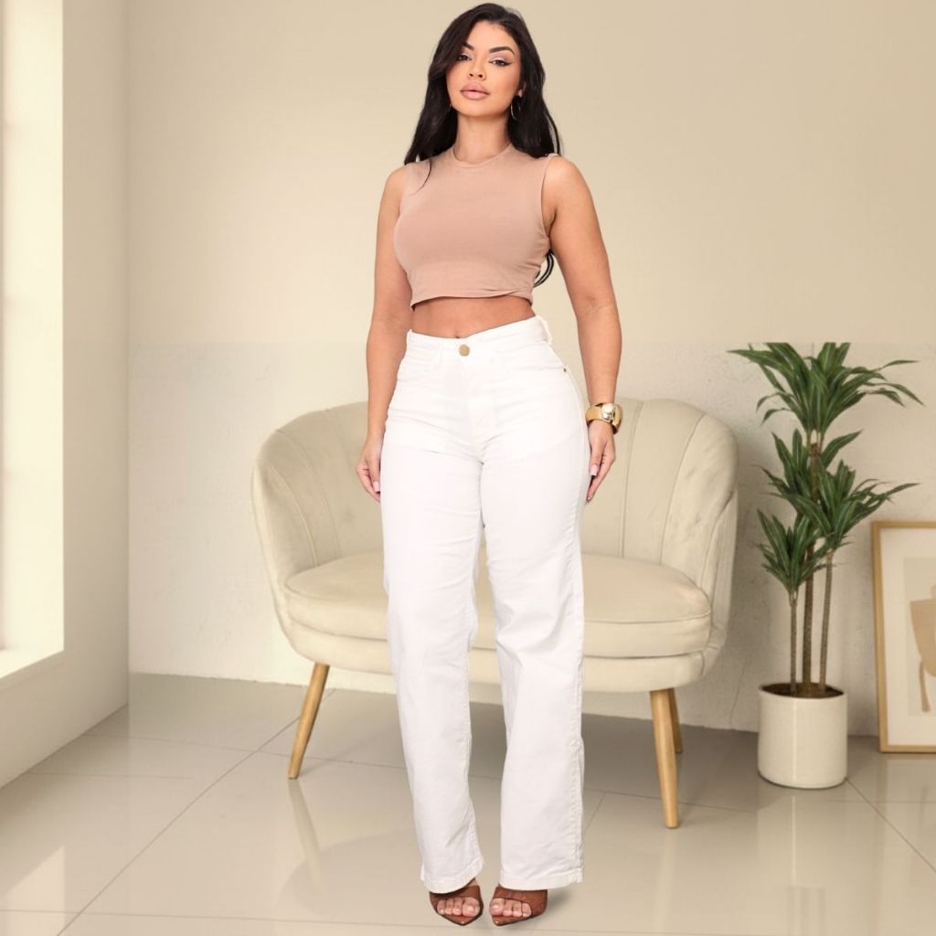 Calça Jeans Feminina Wide Leg Cintura Alta Pantalona 100% Algodão Premium Boca Larga Festa Ano Novo em Oferta na Shopee