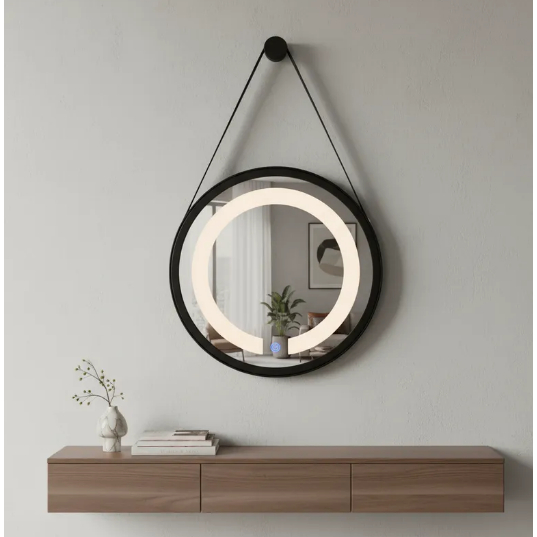 Espelho Redondo Adnet Iluminado Led 3000k Touch Screen Com Alça 40cm  + Suporte Preto Com Alça Preta