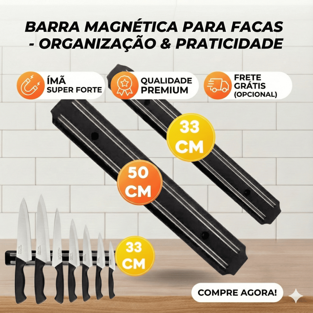 Barra Suporte Magnética Imã Facas Cozinha Churrasqueira 33/55cm