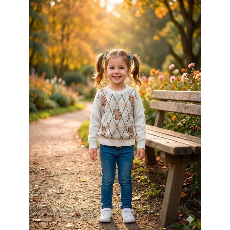 Blusa Infantil de Tricô Feminino, Inverno 2.026, Confortável, Capivaras,Urso, Tendência,Charme, Criança