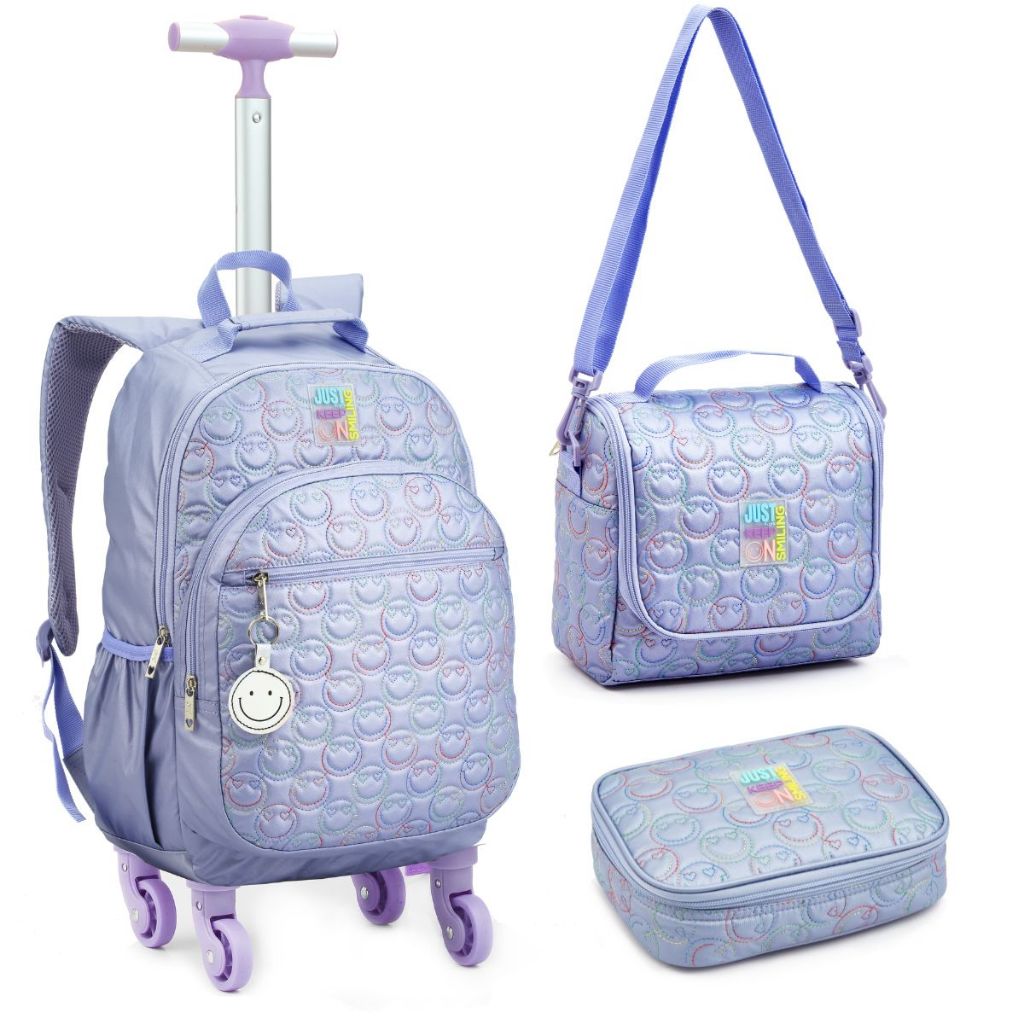 Kit Mochila Rodinha Love Colorida Com Chaveiro Emoji Escolar 360 °