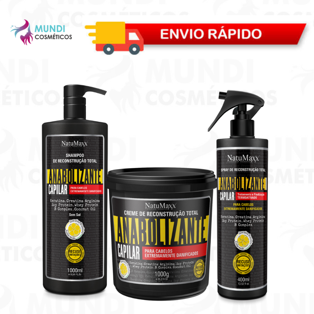 Kit Shampoo 1l, Máscara 1kg e Spray Anabolizante Natumaxx