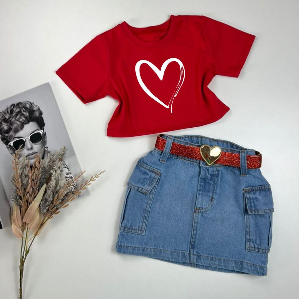 Conjunto Infanto Juvenil Cropped T-Shirt Saia Jeans E Cinto Mini Diva Blusa Coração Fashion Moda Estilosa