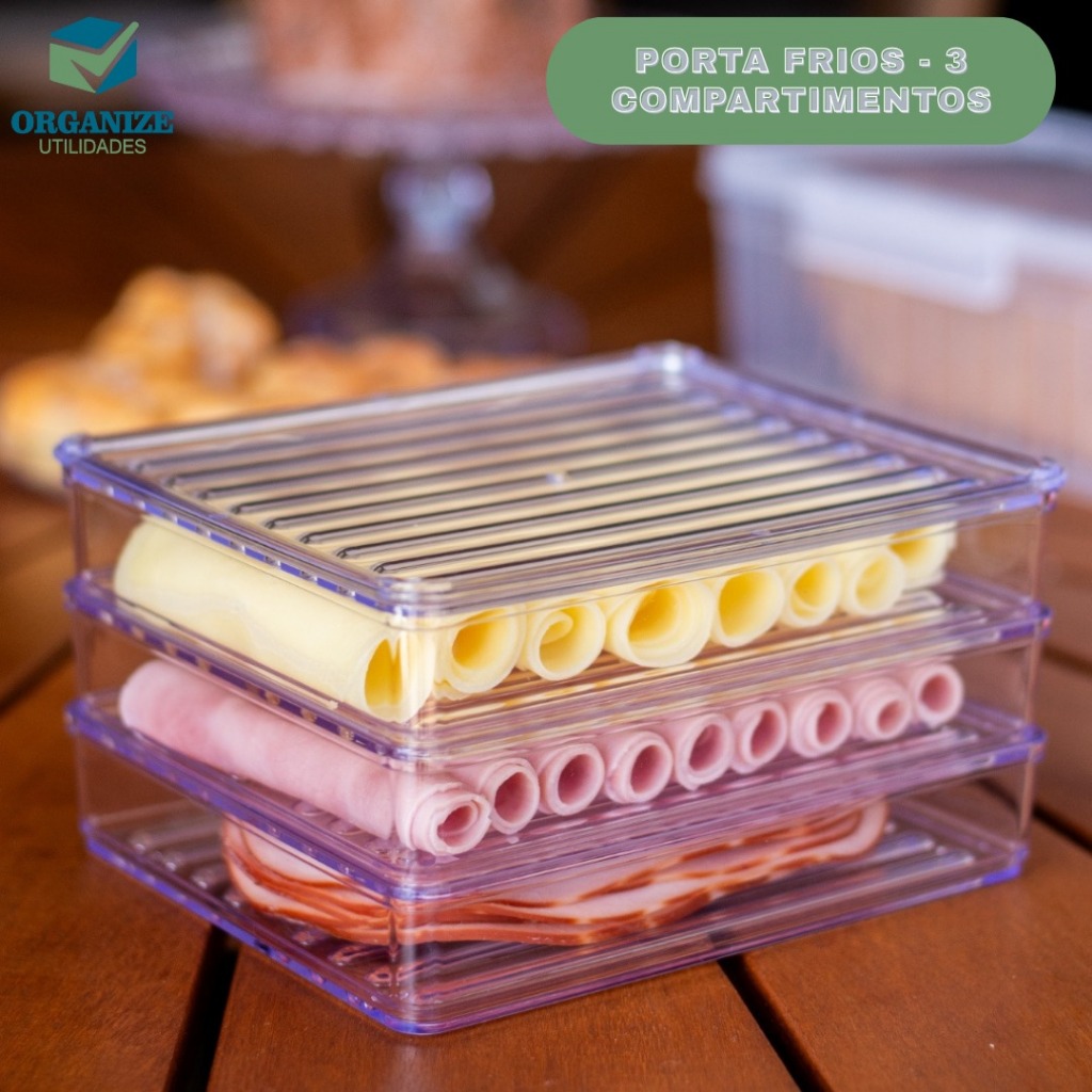Porta Frios Presunto Queijo Acrílico Resistente Triplex Triplo Com Tampa Hermético Empilhá...