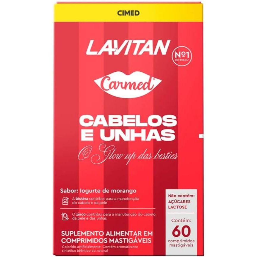 Lavitan Carmed Cabelos e Unhas Sabor Iogurte de Morango 60 Comprimidos Mastigáveis