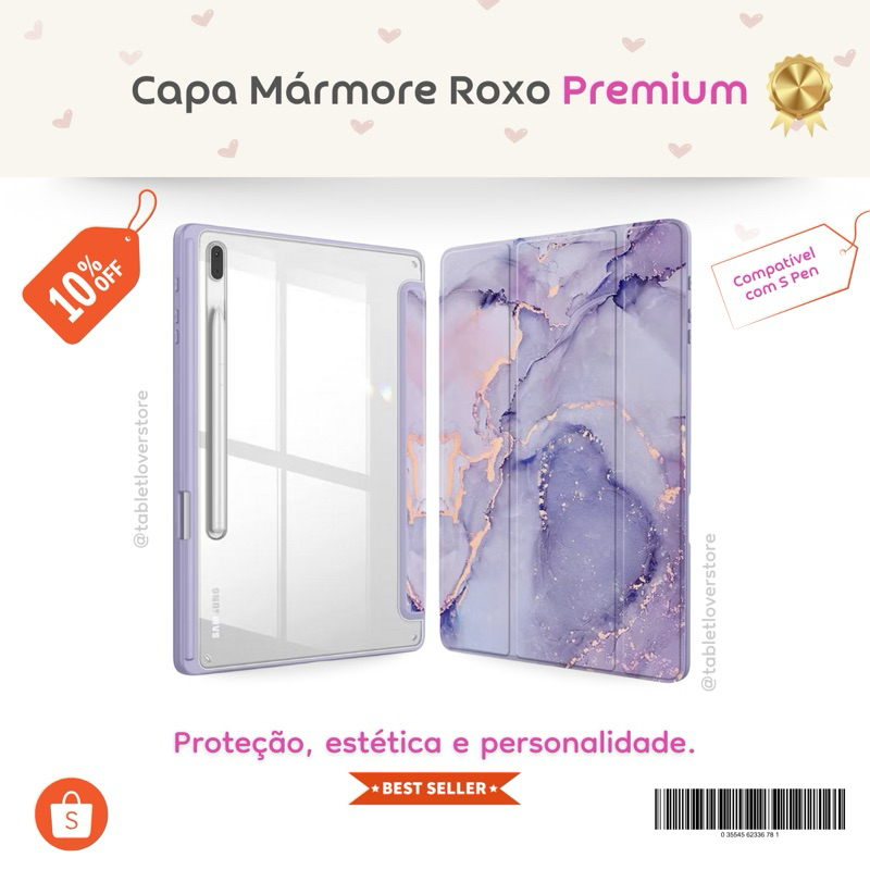 Capa Acrílica Transparente + Tampa Magnética Mármore Roxo p/ Samsung Galaxy Tab S6/S7/S8/S9 | Espaço para caneta