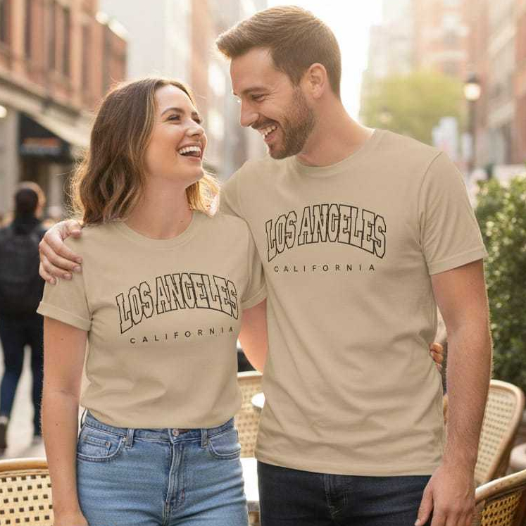 Blusa Unissex Bege Los Angeles Casual 100% Algodão Premium Confortavél Streetwear T-shirt Oversaized