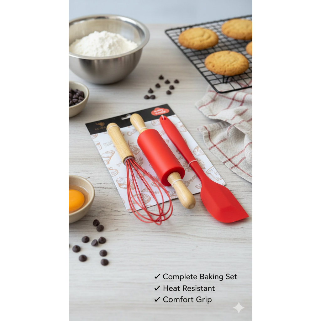 Kit Confeiteiro 3 Peças Silicone e Madeira Rolo Fouet Espátula LUWAVE