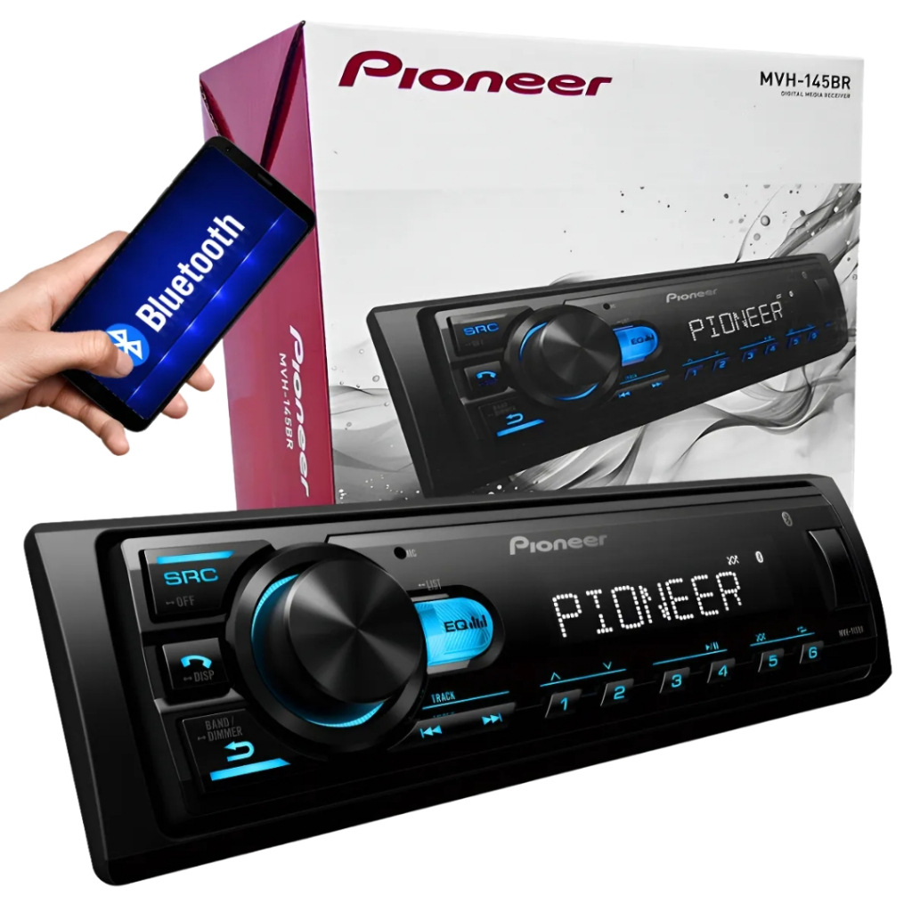 Aparelho de Som Pioneer Rádio Bluetooth Automotivo MVH-145BR USB MP3 FM 2 Bandas Equalizador