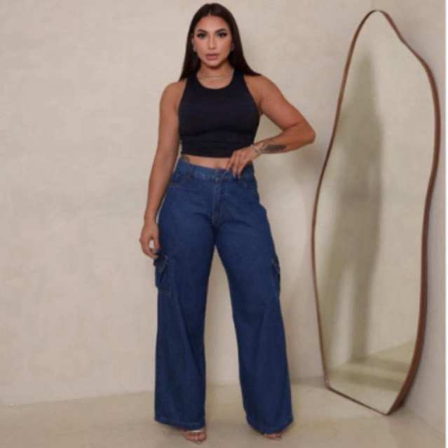 Calça Jeans Feminina Wide Leg Cintura Alta Pantalona Tecido Leve 100% Algodão