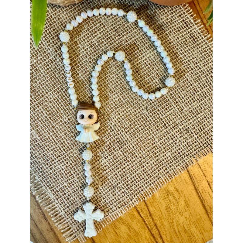 Terço Anjo de Deus | ENVIAR NOME NA HORA DA COMPRA | Terço para Batizado | Terço para Batismo | Rosário Terço Infantil