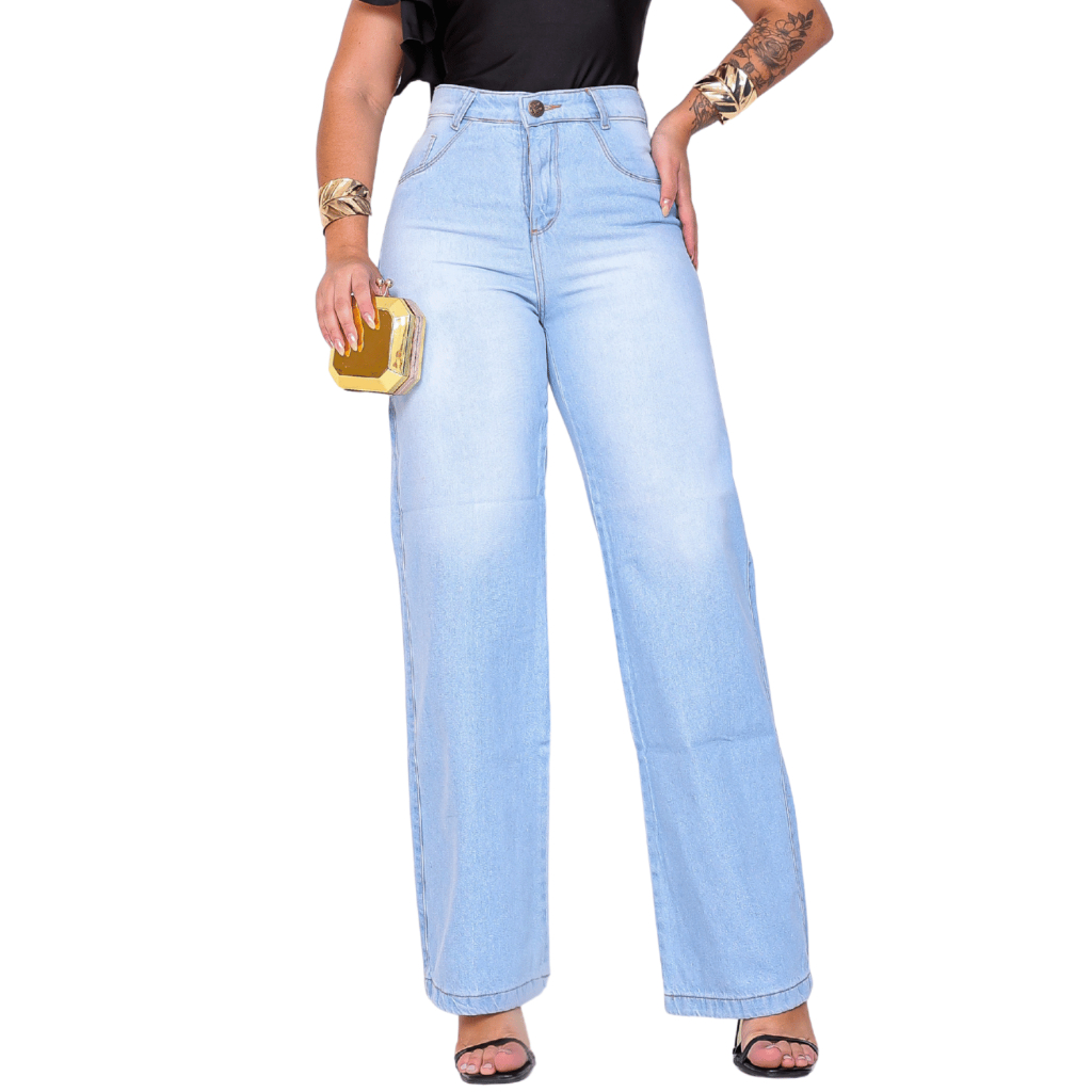 Calça Jeans Feminina Wide Leg Cintura Alta Tecido Grosso Pantalona Premium 100% Algodão Dia a Dia
