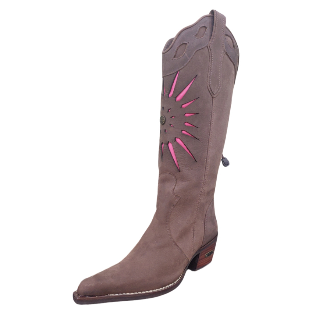Bota Country Capelli Feminina Bico Fino 3303 - Couro Legítimo Elástico Traseiro E Detalhes Pink
