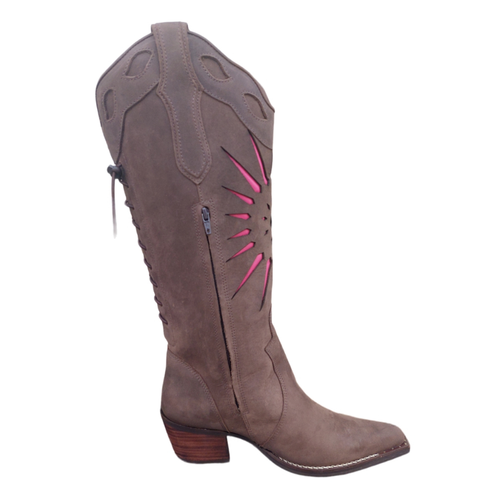 Bota Country Capelli Feminina Bico Fino 3303 - Modelo Texano Em Couro Café Com Detalhes Pink