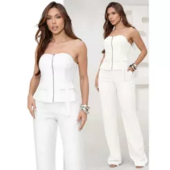 Conjunto Feminino Alfaiataria Corselet Cargo e Calça Reta Elegante