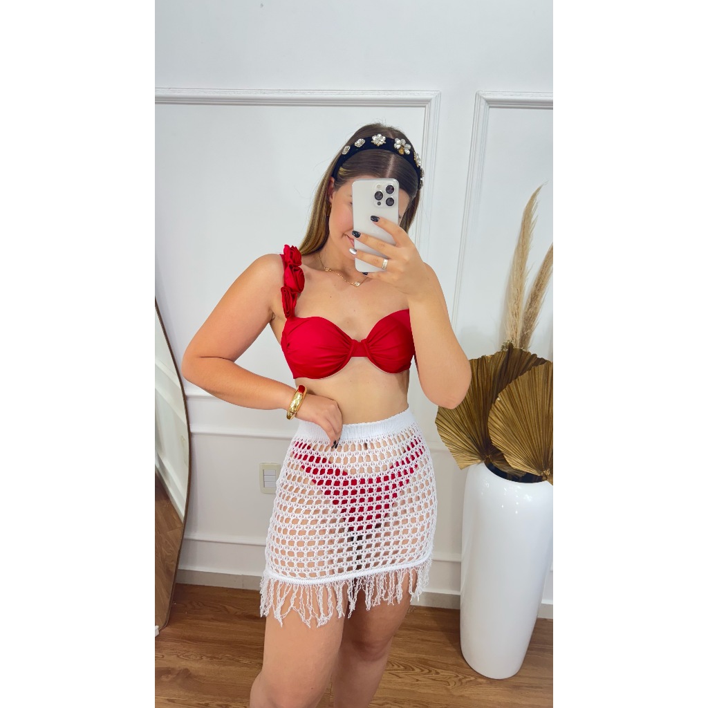Saia Saída de Praia Tricot Tricô  com elástico no Cós ,Saia com franjas  tendência moda praia verão em Oferta na Shopee
