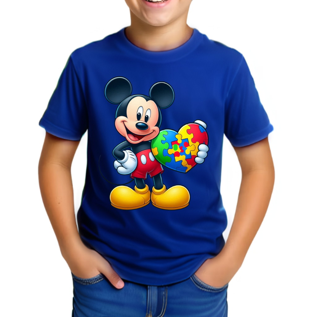 Camiseta Infantil Juvenil Autismo Mickey Mouse Camisa Estampada Autista 100% Algodão Criança Feliz