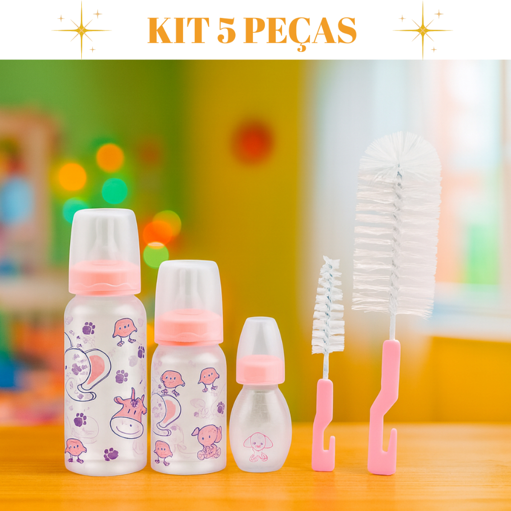 Kit 5 Peças Para Bebê 3 Mamadeiras Bico Silicone 2 Escovas Mamadeira e Bico em Oferta na Shopee