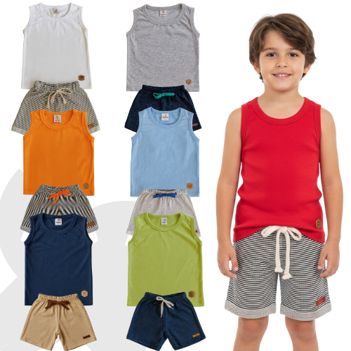 Kit Sortido 10 Peças de Roupas Infantil Menino - 5 Regatas + 5 Bermudas - 5 Conjuntos Verão