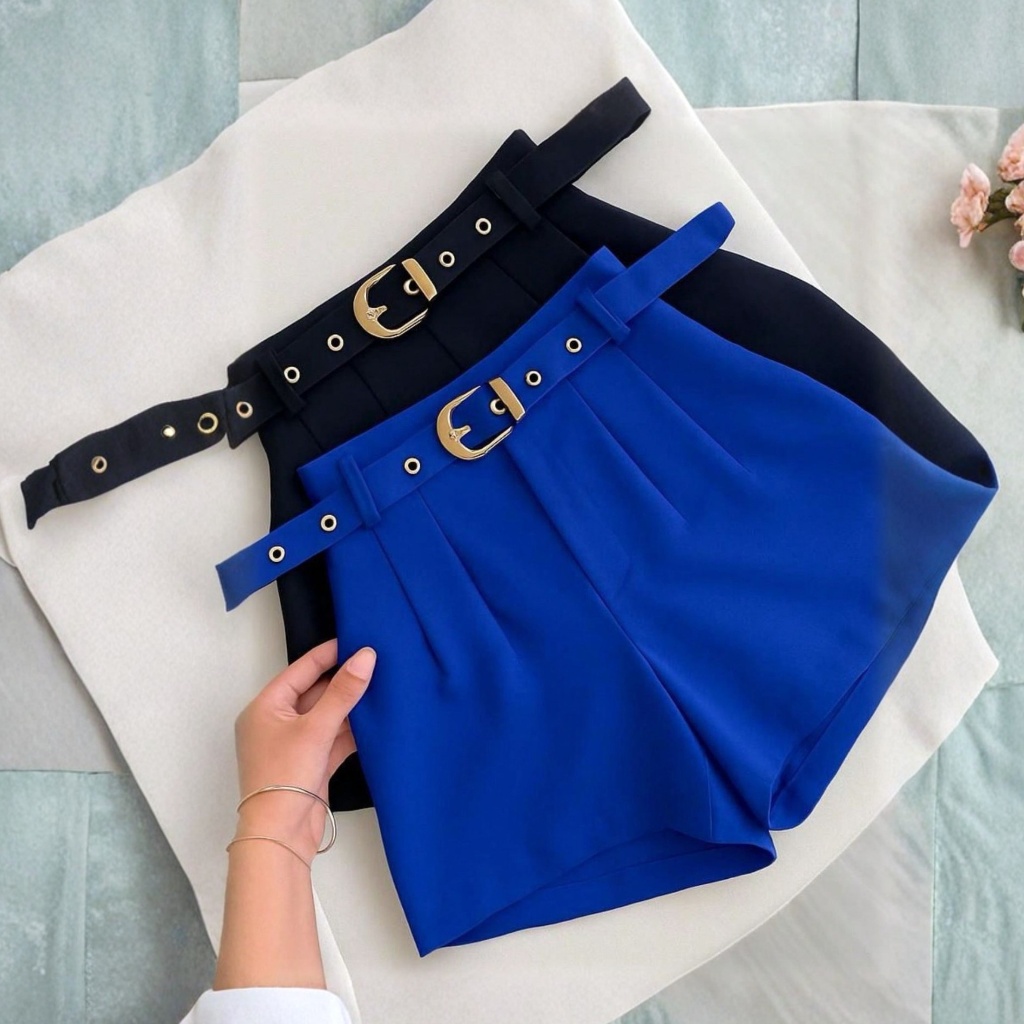 Short Feminino Alfaiataria Com Cinto Forrado Social cintura alta