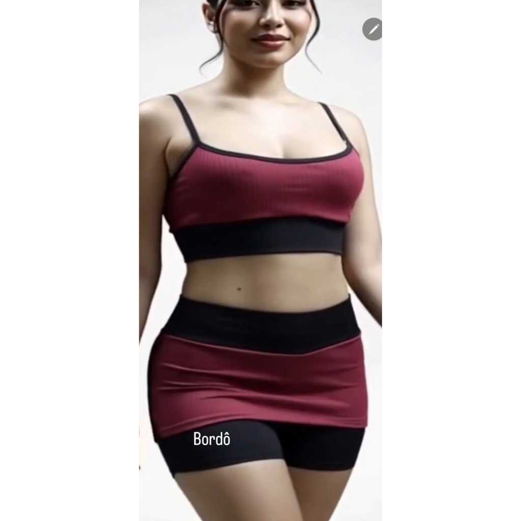 Conjunto canelado 1 Shorts Saia e 2 Top  Fitness Feminino, Academia, praia e lazer, leve e confortavel