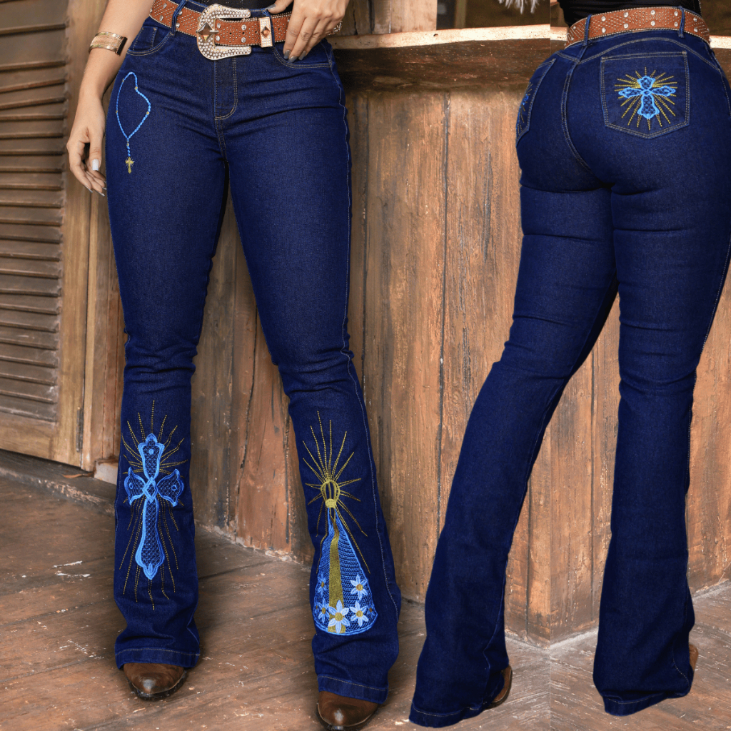 Calça Jeans Feminina Country Levanta Bumbum Flare Estica Strech Bordado em Oferta na Shopee