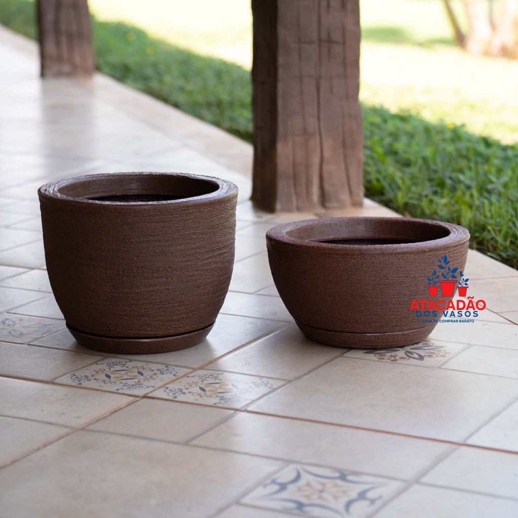 Kit 2 Vasos decorativos com prato coletor para planta ou flor, vaso e bacia grafiato em polietileno