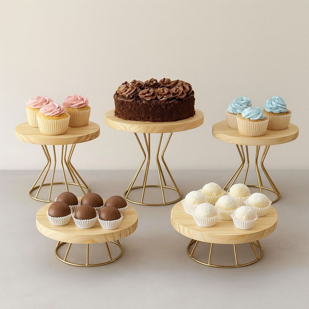 Kit 5 Boleiras Decorativas Madeira com Base Dourada | Suporte para Bolos e Doces Festa em Oferta na Shopee