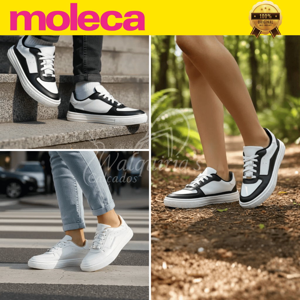 Tênis Moleca Casual Feminino Flatform Branco e Preto, Todo Branco Confortável Lançamento Original – Estilo Urbano