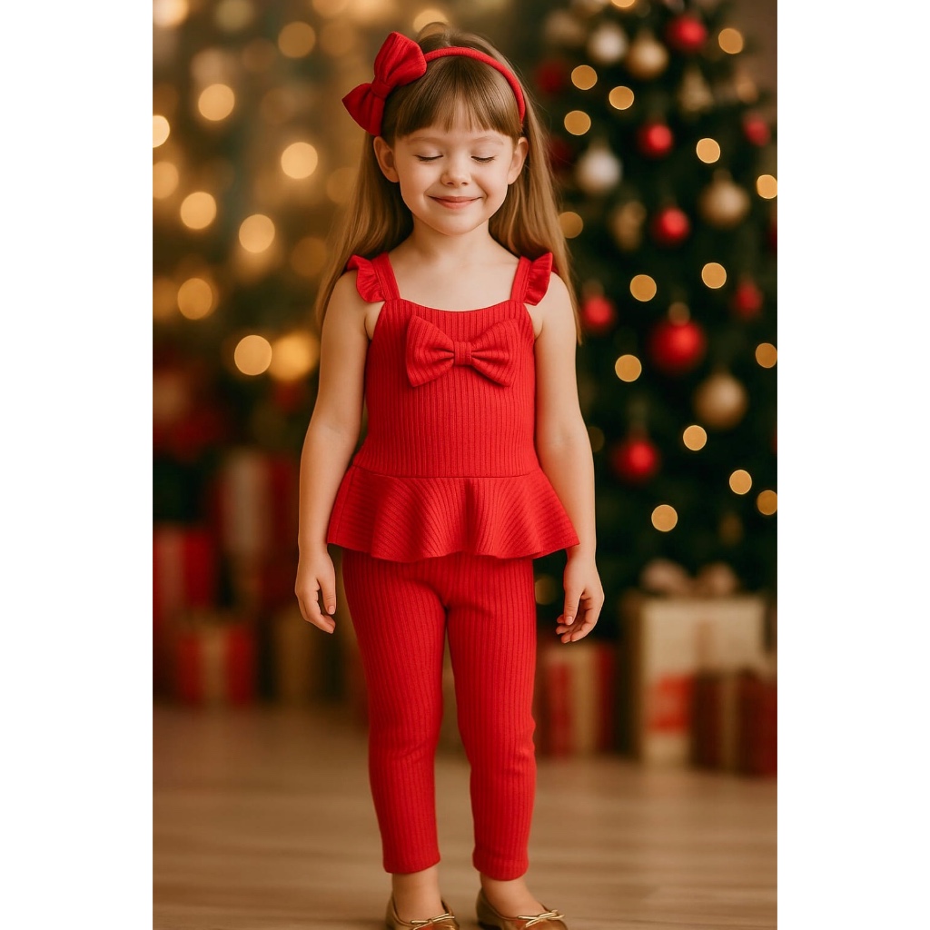 CONJUNTO INFANTIL CANELADO BLUSA BABADO COM LEGGING E ARCO/TIARA 3 PEÇAS