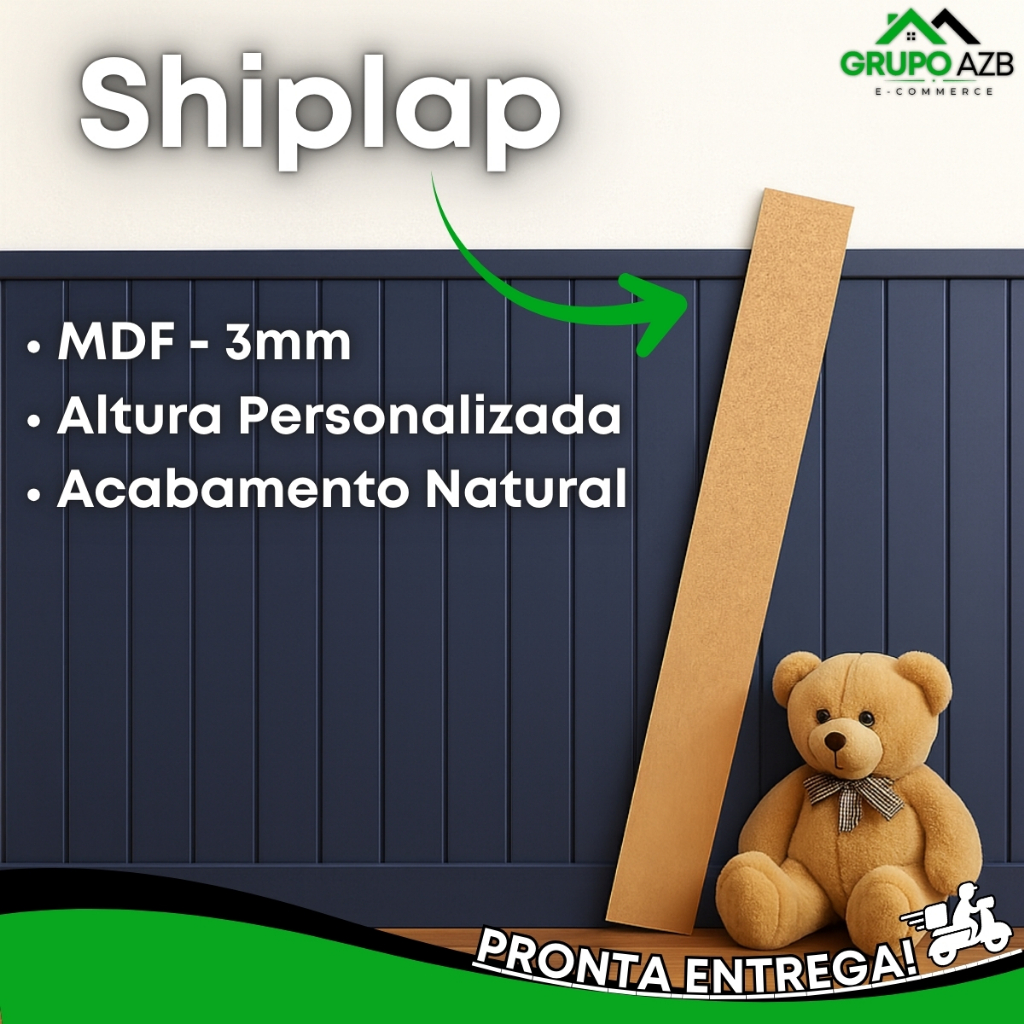 Ripado Decorativo Shiplap Retangular – Kit 15 Ripas em MDF Cru 3mm Tendência Parede