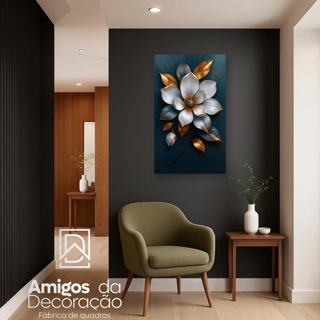 Quadro Decorativo Flor Branca Dourada Luxo Moderno 3D Sala Quarto Parede Elegante Arte Floral MDF Alta Qualidade Casa em Oferta na Shopee